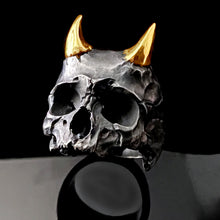 Load image into Gallery viewer, ossua-et-acroamata-jewelery-gothic-goth-memento-mori-skull-sterling-silver-925-azazel-ring-solid-gold-horns