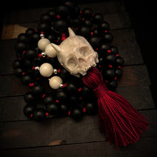 Load image into Gallery viewer, ossua-et-acroamata-jewelery-gothic-goth-angel-demon-devil-mythology-spirituality-mysticism-memento-mori-bone-hand-craved-gemstones-beads-antler-deerantler-Fallen-Angel-Mala-Necklace