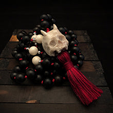 Load image into Gallery viewer, ossua-et-acroamata-jewelery-gothic-goth-angel-demon-devil-mythology-spirituality-mysticism-memento-mori-bone-hand-craved-gemstones-beads-antler-deerantler-Fallen-Angel-Mala-Necklace