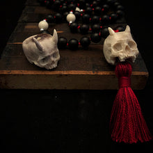 Load image into Gallery viewer, ossua-et-acroamata-jewelery-gothic-goth-angel-demon-devil-mythology-spirituality-mysticism-memento-mori-bone-hand-craved-gemstones-beads-antler-deerantler-Fallen-Angel-Mala-Necklace