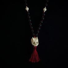 Load image into Gallery viewer, ossua-et-acroamata-jewelery-gothic-goth-angel-demon-devil-mythology-spirituality-mysticism-memento-mori-bone-hand-craved-gemstones-beads-antler-deerantler-Fallen-Angel-Mala-Necklace
