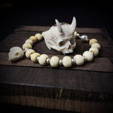 Load image into Gallery viewer, ossua-et-acroamata-jewelery-gothic-goth-devil-demon-memento-mori-bone-hand-craved-gemstones-beads-antler-deerantler-DAY-Mala-Bracele