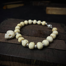 Load image into Gallery viewer, ossua-et-acroamata-jewelery-gothic-goth-devil-demon-memento-mori-bone-hand-craved-gemstones-beads-antler-deerantler-DAY-Mala-Bracelet