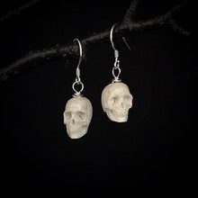 Load image into Gallery viewer, ossua-et-acroamata-jewelery-gothic-goth-mythology-spirit-spirituality-medieval-memento-mori-skulls-ear-rings-bone-hand-craved-antler-deerantler-Skull-Earhooks