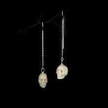 Load image into Gallery viewer, ossua-et-acroamata-jewelery-gothic-goth-mythology-spirit-spirituality-medieval-memento-mori-skulls-ear-rings-bone-hand-craved-antler-deerantler-Skull-Earrings