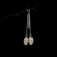 Load image into Gallery viewer, ossua-et-acroamata-jewelery-gothic-goth-mythology-spirit-spirituality-medieval-memento-mori-skulls-ear-rings-bone-hand-craved-antler-deerantler-Skull-Earrings