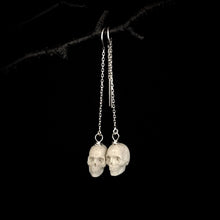 Load image into Gallery viewer, ossua-et-acroamata-jewelery-gothic-goth-mythology-spirit-spirituality-medieval-memento-mori-skulls-ear-rings-bone-hand-craved-antler-deerantler-Skull-Earrings