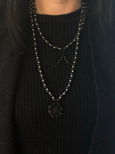Load image into Gallery viewer, Kathleen wearing ossua-et-acroamata-jewelery-gothic-goth-mythology-spirituality-mysticism-memento-mori-bone-hand-craved-gemstones-beads-antler-deerantler-Dharma_Mala_Necklace