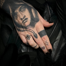 Load image into Gallery viewer, kathleen-wearing-ossua-et-acroamata-jewelery-gothic-goth-gothic-memento-mori-sterling-silver-925-Azazel-Stacker-ring