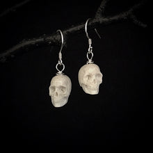 Load image into Gallery viewer, ossua-et-acroamata-jewelery-gothic-goth-mythology-spirit-spirituality-medieval-memento-mori-skulls-ear-rings-bone-hand-craved-antler-deerantler-Skull-Earhooks