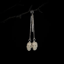 Load image into Gallery viewer, ossua-et-acroamata-jewelery-gothic-goth-mythology-spirit-spirituality-medieval-memento-mori-skulls-ear-rings-bone-hand-craved-antler-deerantler-Skull-Earrings