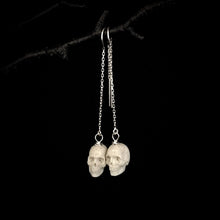 Load image into Gallery viewer, ossua-et-acroamata-jewelery-gothic-goth-mythology-spirit-spirituality-medieval-memento-mori-skulls-ear-rings-bone-hand-craved-antler-deerantler-Skull-Earrings