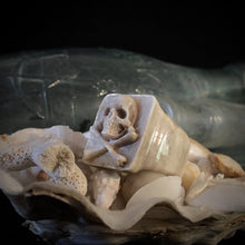 Load image into Gallery viewer, ossua-et-acroamata-jewelery-movie-props-trivia-gothic-goth-gothic-pirate-pirates-memento-mori-bone-hand-craved-antler-deerantler-Jolly-Roger-Ring