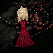 Load image into Gallery viewer, ossua-et-acroamata-jewellery-gothic-goth-angel-greek-mythology-medusa-spirituality-mysticism-memento-mori-bone-hand-craved-gemstones-beads-antler-deerantler-Medusas-rage-Mala-Necklace