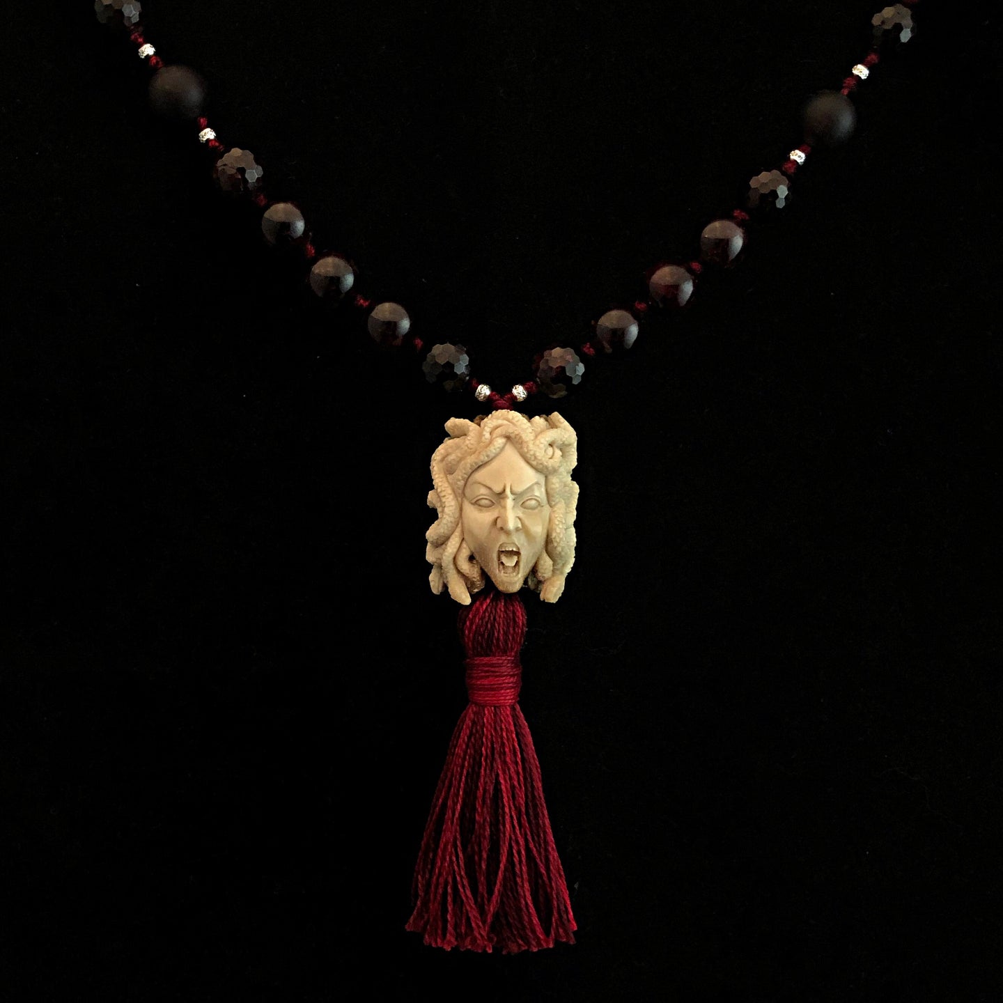 ossua-et-acroamata-jewellery-gothic-goth-angel-greek-mythology-medusa-spirituality-mysticism-memento-mori-bone-hand-craved-gemstones-beads-antler-deerantler-Medusas-rage-Mala-Necklace