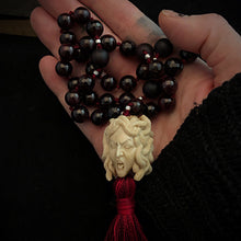 Load image into Gallery viewer, ossua-et-acroamata-jewellery-gothic-goth-angel-greek-mythology-medusa-spirituality-mysticism-memento-mori-bone-hand-craved-gemstones-beads-antler-deerantler-Medusas-rage-Mala-Necklace