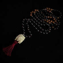 Load image into Gallery viewer, ossua-et-acroamata-jewellery-gothic-goth-angel-greek-mythology-medusa-spirituality-mysticism-memento-mori-bone-hand-craved-gemstones-beads-antler-deerantler-Medusas-rage-Mala-Necklace