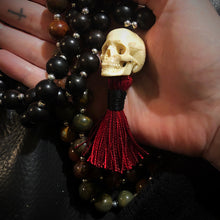 Load image into Gallery viewer, ossua-et-acroamata-jewelery-gothic-goth-angel-demon-devil-mythology-spirituality-mysticism-memento-mori-bone-hand-craved-gemstones-beads-antler-deerantler-Assimilation-Mala-Necklace