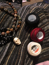 Load image into Gallery viewer, ossua-et-acroamata-jewelery-gothic-goth-angel-demon-devil-mythology-spirituality-mysticism-memento-mori-bone-hand-craved-gemstones-beads-antler-deerantler-Assimilation-Mala-Necklace