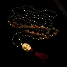 Load image into Gallery viewer, ossua-et-acroamata-jewelery-gothic-goth-angel-demon-devil-mythology-spirituality-mysticism-memento-mori-bone-hand-craved-gemstones-beads-antler-deerantler-Assimilation-Mala-Necklace