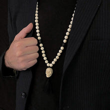 Load image into Gallery viewer, Erwin wearing ossua-et-acroamata-jewelery-gothic-goth-devil-demon-memento-mori-bone-hand-craved-gemstones-beads-antler-deerantler-DAY-Mala-Necklace