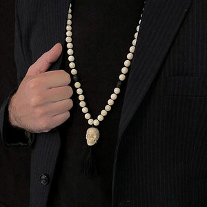 Erwin wearing ossua-et-acroamata-jewelery-gothic-goth-devil-demon-memento-mori-bone-hand-craved-gemstones-beads-antler-deerantler-DAY-Mala-Necklace