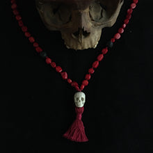 Load image into Gallery viewer, ossua-et-acroamata-jewelery-gothic-goth-devil-demon-memento-mori-bone-hand-craved-gemstones-beads-skull-skuls-antler-deerantler-Coral-Mala-Necklace