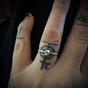 Kathleen wearing ossua-et-acroamata-jewelery-gothic-goth-gothic-gemstones-gems-memento-mori-sterling-silver-925-skull-stacker-ring