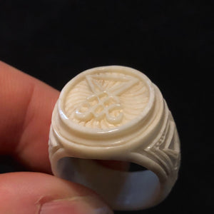 ossua-et-acroamata-jewelery-gothic-goth-greek-Ouroboros-mythology-memento-mori-devil-lucifer-demon-occult-skulls-bone-hand-craved-antler-deerantler-Lucifers-Sigil-Ring