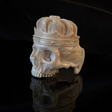 Load image into Gallery viewer, ossua-et-acroamata-jewelery-gothic-goth-mythology-greek-mythical-gods-demigods-memento-mori-bone-skulls-hand-craved-antler-deerantler-Dead-King-Skull-Ring