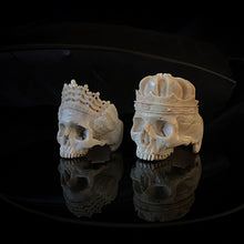 Load image into Gallery viewer, ossua-et-acroamata-jewelery-gothic-goth-mythology-greek-mythical-gods-demigods-memento-mori-bone-skulls-hand-craved-antler-deerantler-Dead-King-Skull-Ring-dead-queen-skull-ring