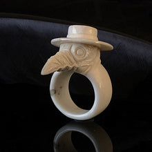 Load image into Gallery viewer, ossua-et-acroamata-jewelery-gothic-goth-mythology-spirit-spirituality-medieval-memento-mori-skulls-bone-hand-craved-antler-deerantler-Black-Death-Ring