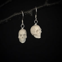 Load image into Gallery viewer, ossua-et-acroamata-jewelery-gothic-goth-mythology-spirit-spirituality-medieval-memento-mori-skulls-ear-rings-bone-hand-craved-antler-deerantler-Skull-Earhooks