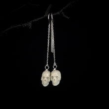 Load image into Gallery viewer, ossua-et-acroamata-jewelery-gothic-goth-mythology-spirit-spirituality-medieval-memento-mori-skulls-ear-rings-bone-hand-craved-antler-deerantler-Skull-Earrings
