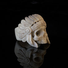 Load image into Gallery viewer, ossua-et-acroamata-jewelery-gothic-goth-mythology-spirit-spirituality-memento-mori-skulls-bone-hand-craved-antler-deerantler-Chief-Hairdress-Skull-Ring