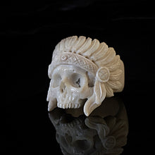 Load image into Gallery viewer, ossua-et-acroamata-jewelery-gothic-goth-mythology-spirit-spirituality-memento-mori-skulls-bone-hand-craved-antler-deerantler-Chief-Hairdress-Skull-Ring