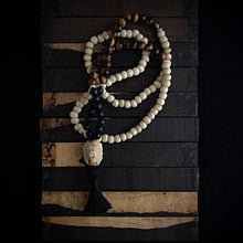 Load image into Gallery viewer, ossua-et-acroamata-jewelery-gothic-goth-mythology-spirituality-mysticism-memento-mori-bone-hand-craved-gemstones-beads-antler-deerantler-Fearless-Mala-Necklace