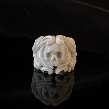 Load image into Gallery viewer, ossua-et-acroamata-jewelery-gothic-goth-norse-mythology-memento-mori-bone-hand-craved-antler-deerantler-Victorian-Skull-Ring