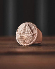 Load image into Gallery viewer, ossua-et-acroamata-jewelery-gothic-goth-pirates-mythology-memento-mori-skulls-bone-hand-craved-antler-deerantler-pirate-ship-Ring