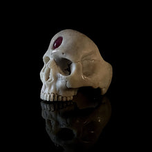 Load image into Gallery viewer, ossua-et-acroamata-jewelery-gothic-goth-spiritual-spirituality-mythology-memento-mori-bone-hand-craved-antler-deerantler-Third-Eye-Open3rd Eye Ring | Red Eye Skull Ring | OSSUA et ACROMATA