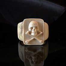 Load image into Gallery viewer, ossua-et-acroamata-jewelery-movie-props-trivia-gothic-goth-gothic-pirate-pirates-memento-mori-bone-hand-craved-antler-deerantler-Jolly-Roger-Ring