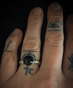 Kathleen wearing ossua-et-acroamata-jewelery-mythology-myth-gothic-goth-gothic-greek-memento-mori-ruby-sterling-silver-925-Dark-Soul-Ring
